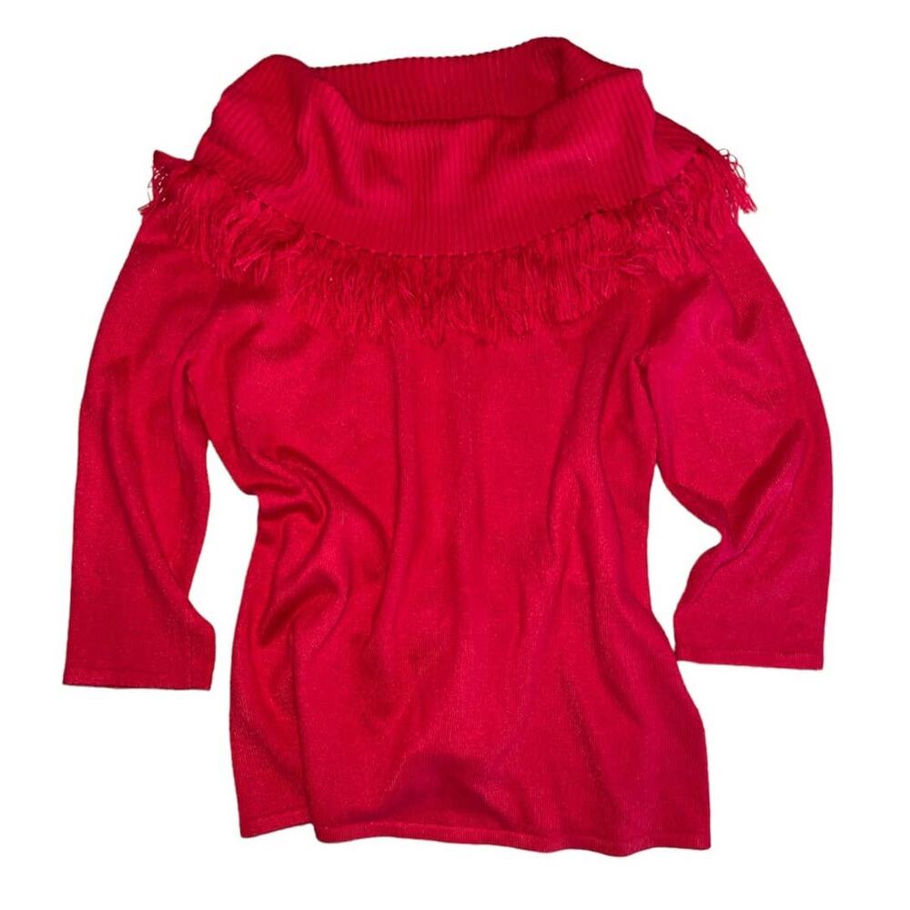 Kim Rogers Signature Red Fringed Cowl Neck Knit Sweater size Medium